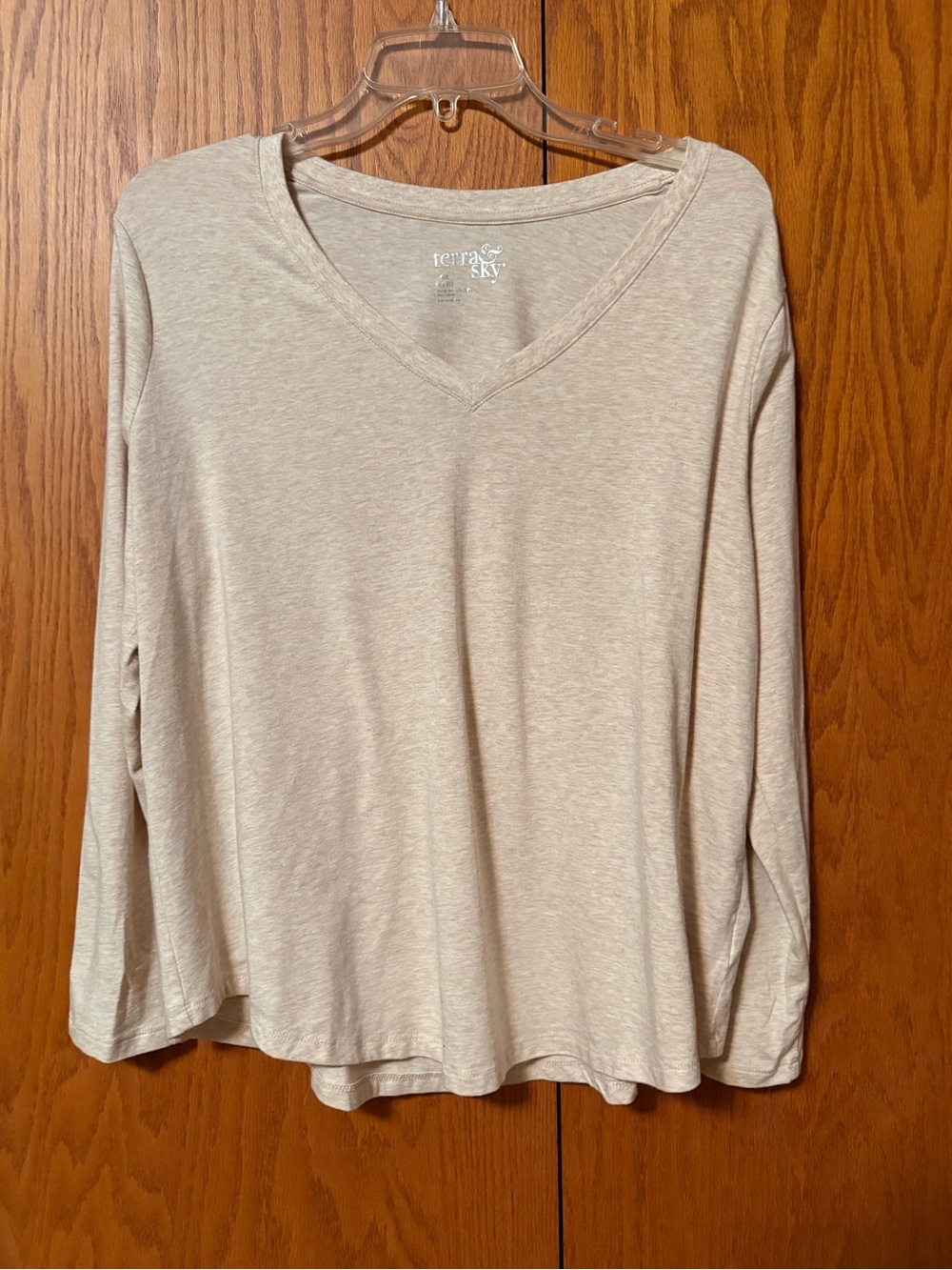 Terra & Sky Long Sleeve V-Neck Tee in Light Beige